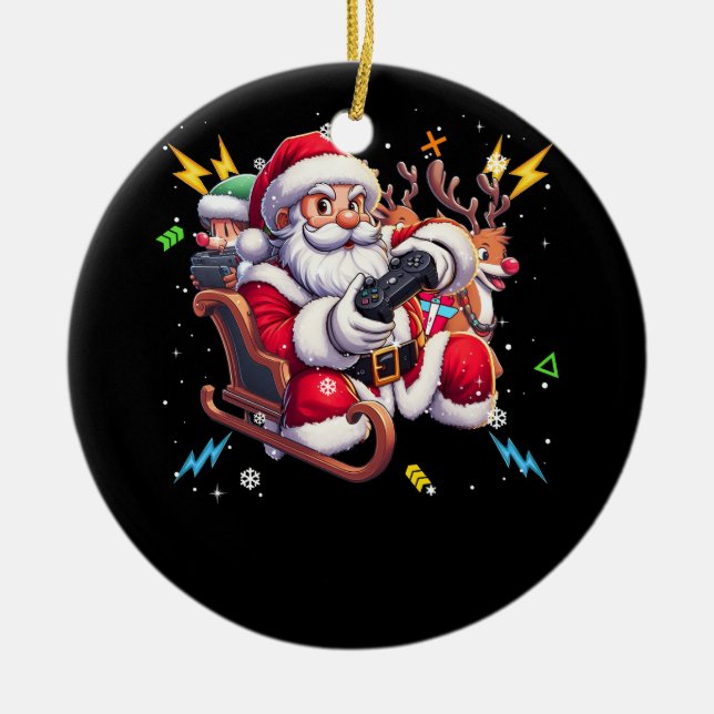 Santa Claus Playing Game Christmas Gamer Video Gam Ceramic Ornament (Front)