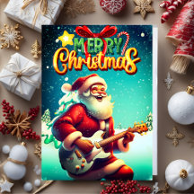 Santa Claus Playing Guitar Vintage Merry Christmas