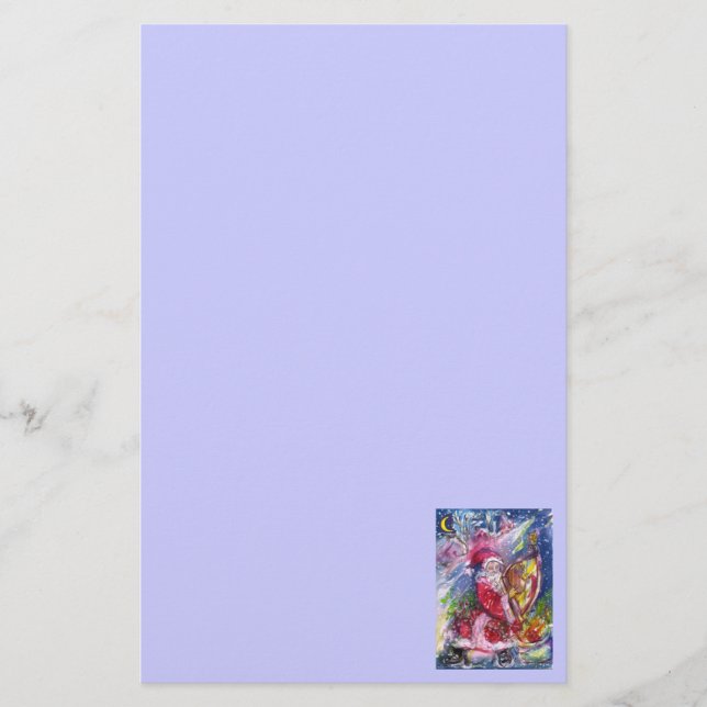 SANTA CLAUS PLAYING HARP Christmas Night Blue Stationery (Front)