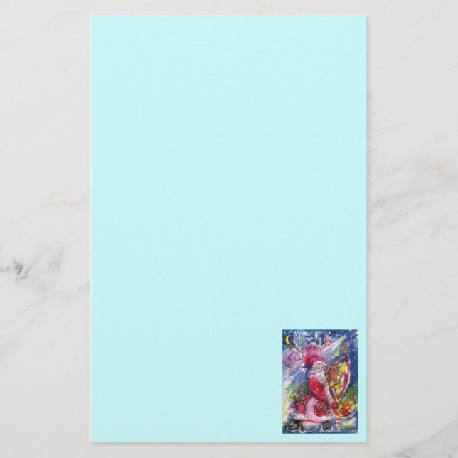 SANTA CLAUS PLAYING HARP Christmas Night Teal Blue Stationery (Front)