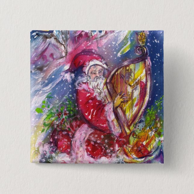 SANTA CLAUS PLAYING HARP IN MOONLIGHT Christmas 2 Inch Square Button (Front)