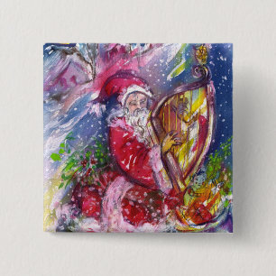 SANTA CLAUS PLAYING HARP IN MOONLIGHT Christmas 2 Inch Square Button