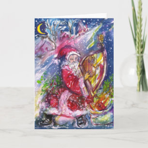 SANTA CLAUS PLAYING HARP IN THE MOONLIGHT HOLIDAY CARD