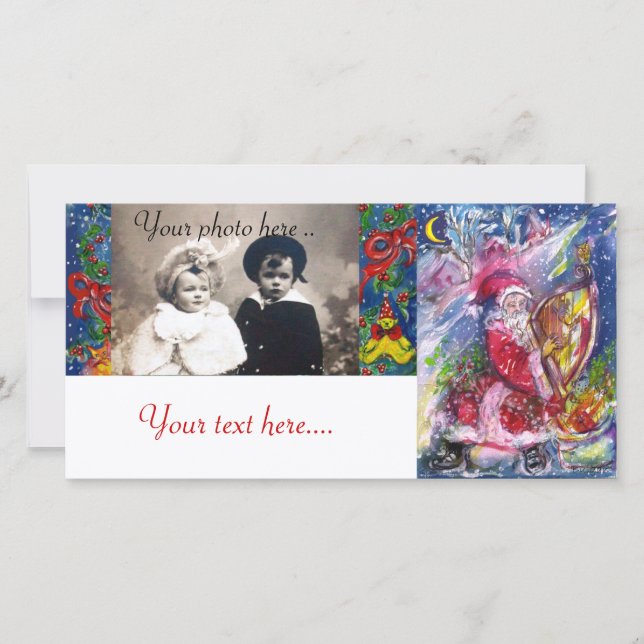 SANTA CLAUS PLAYING HARP IN THE MOONLIGHT HOLIDAY CARD (Front)