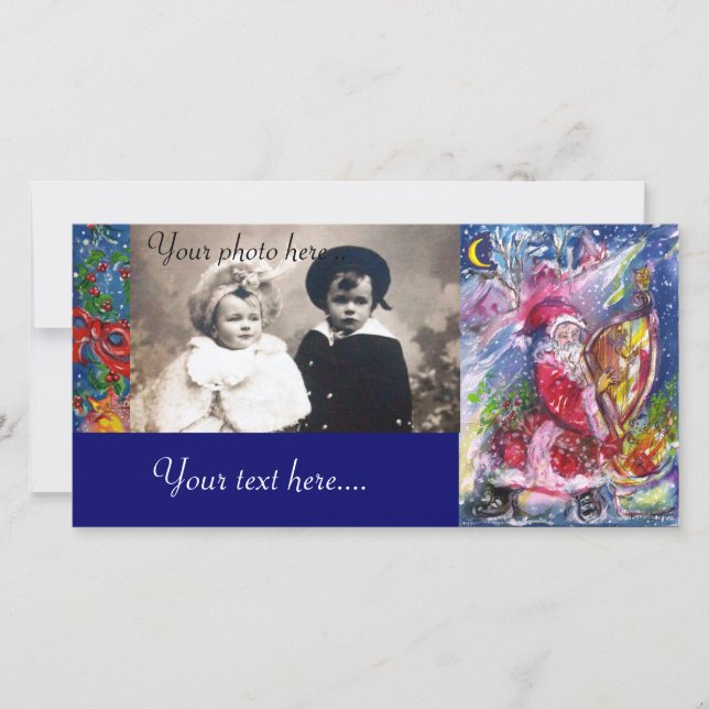SANTA CLAUS PLAYING HARP IN THE MOONLIGHT HOLIDAY CARD (Front)