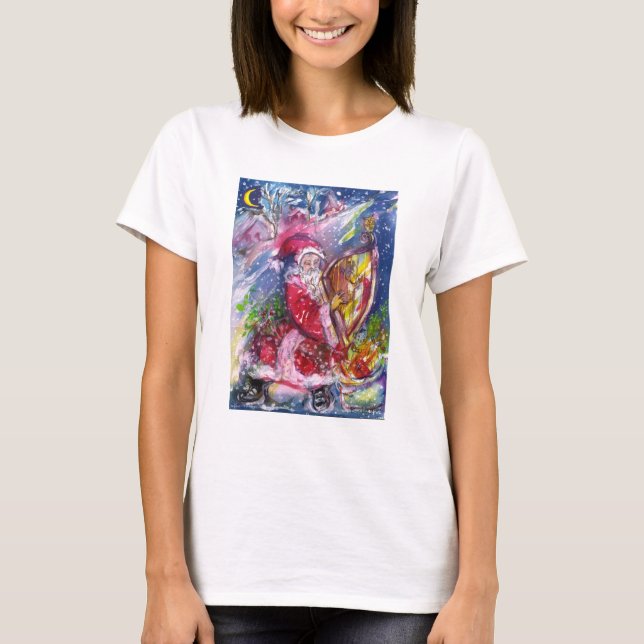 SANTA CLAUS PLAYING HARP Musical Christmas Night T-Shirt (Front)