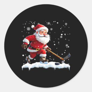 Santa Claus Playing Hockey Ice Christmas Xmas Classic Round Sticker