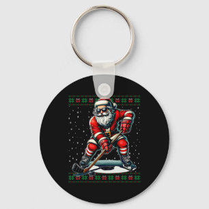 Santa Claus Playing Hockey Ugly Christmas Sweater Keychain