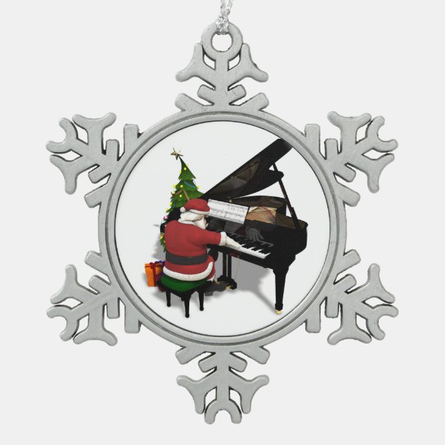 Santa Claus Playing Piano Snowflake Pewter Christmas Ornament (Front)
