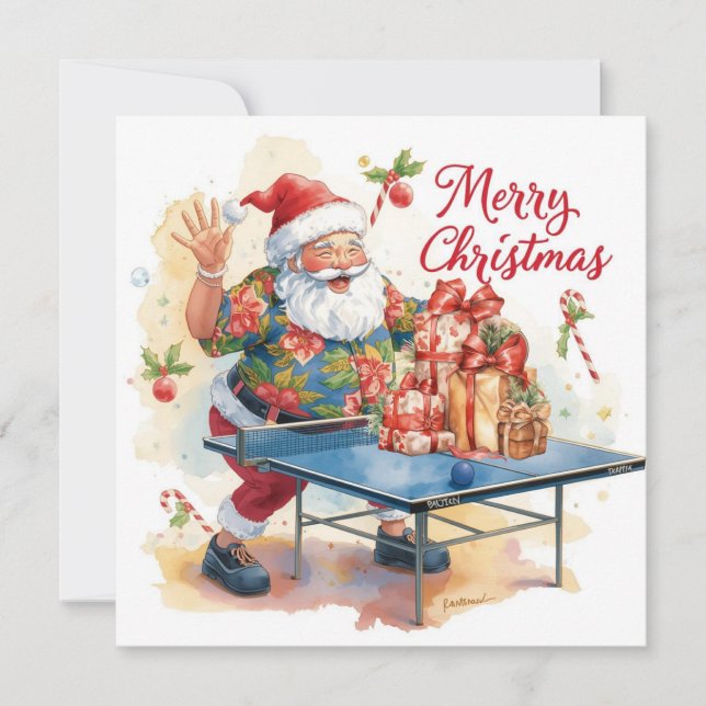 Santa Claus playing ping pong in a Hawaiian shirt Holiday Card (Front)