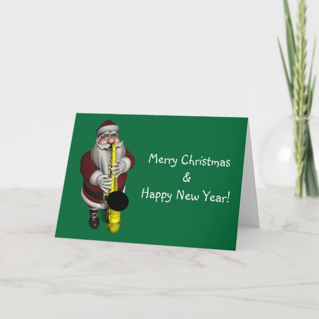Santa Claus Playing Saxophone Holiday Card (Front)