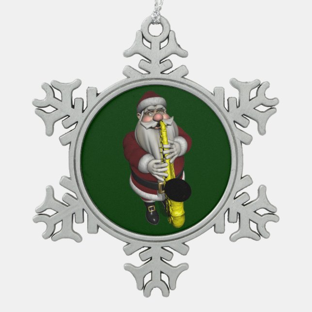 Santa Claus Playing Saxophone Snowflake Pewter Christmas Ornament (Front)