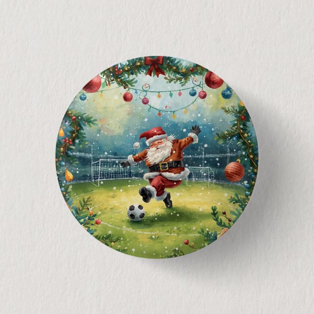 Santa Claus playing Soccer Christmas field  1 Inch Round Button (Front)