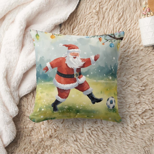 Santa Claus playing Soccer Christmas field  Throw Pillow (Blanket)