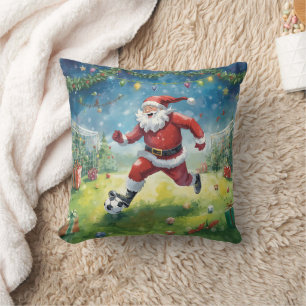 Santa Claus playing Soccer Christmas field Throw Pillow