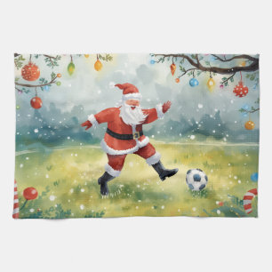 Santa Claus playing Soccer Christmas  Kitchen Towel
