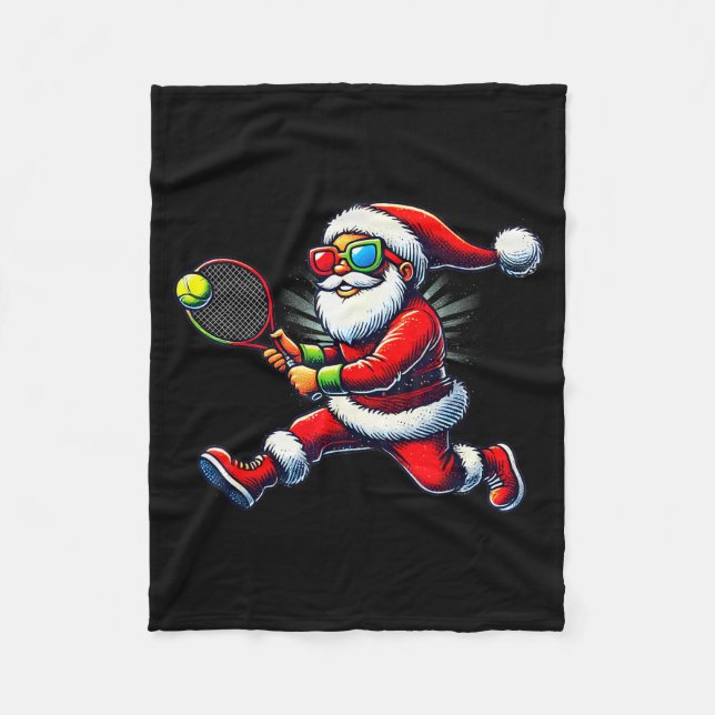 Santa Claus Playing Tennis Game Tennis Racket Chri Fleece Blanket (Front)
