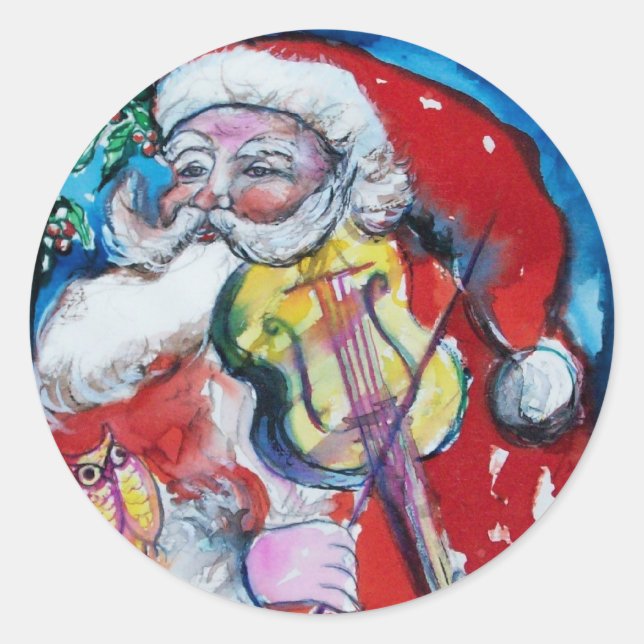 SANTA CLAUS PLAYING VIOLIN Christmas Party Classic Round Sticker (Front)
