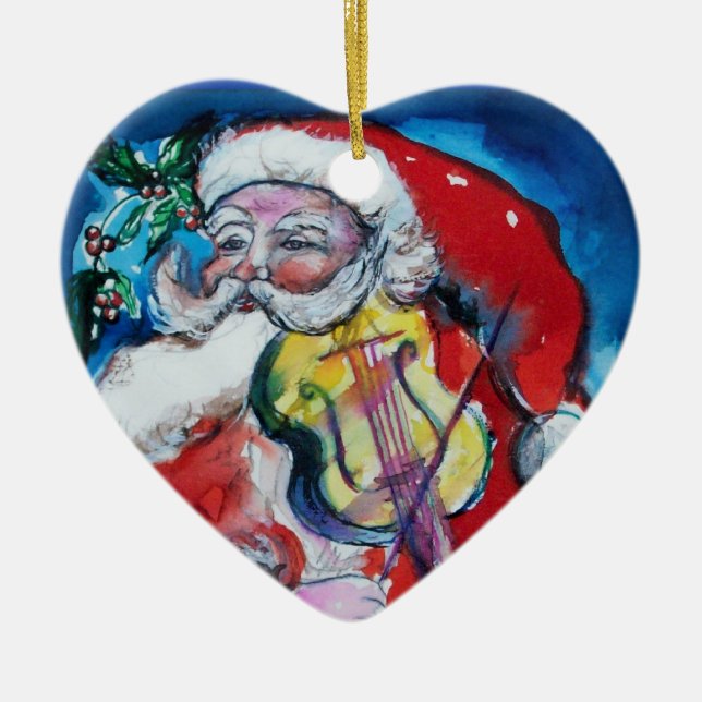 SANTA CLAUS PLAYING VIOLIN Red Ruby Heart Ceramic Ornament (Front)