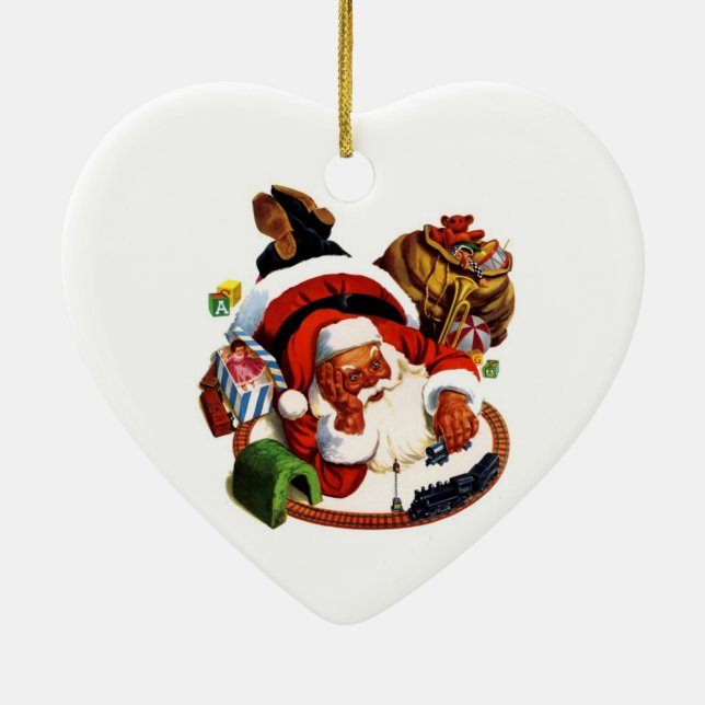 Santa Claus Playing With Trains Ceramic Ornament (Back)
