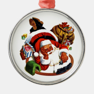Santa Claus Playing With Trains Metal Ornament