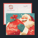 Santa Claus Preparing Christmas Gifts Postcard<br><div class="desc">Santa Claus joyfully getting ready to deliver Christmas presents. Festive and warm holiday scene in classic Christmas colors.</div>