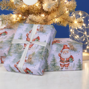 Santa Claus Puppy Snow Modern Christmas Wrapping Paper