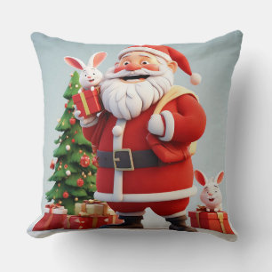 🎄 Santa Claus Rabbit Holiday Home Cozy Scene 🐇 Throw Pillow