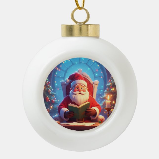Santa Claus Reading a Book by Candlelight Ceramic Ball Christmas Ornament (Front)