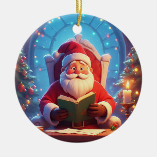 Santa Claus Reading a Book by Candlelight Ceramic Ornament