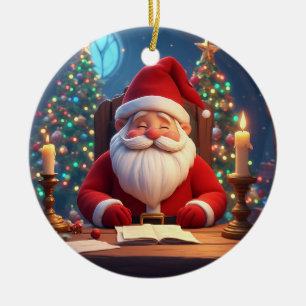 Santa Claus Reading a Book by Candlelight Ceramic Ornament