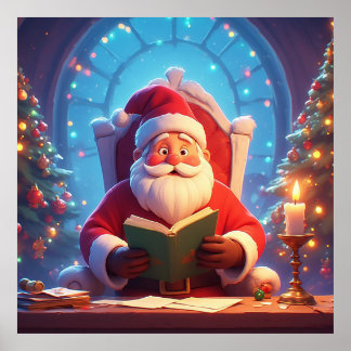 Santa Claus Reading a Book by Candlelight Poster