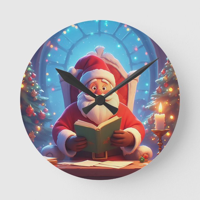 Santa Claus Reading a Book by Candlelight Round Clock (Front)