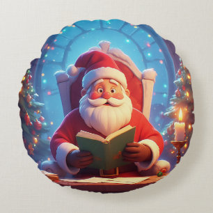 Santa Claus Reading a Book by Candlelight Round Pillow