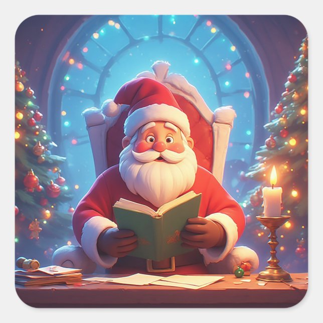 Santa Claus Reading a Book by Candlelight Square Sticker (Front)