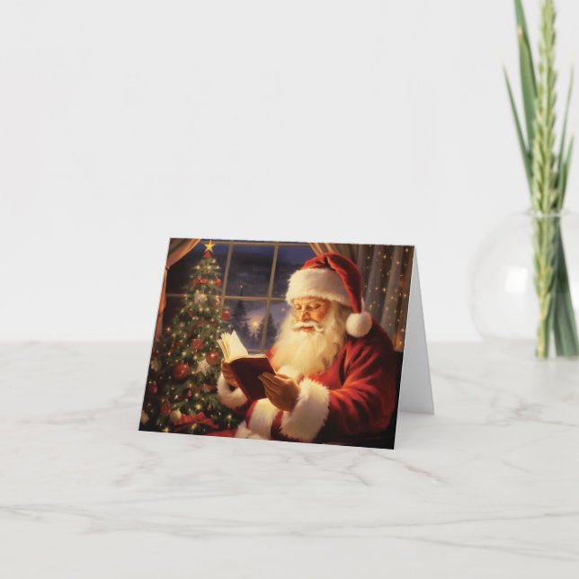 Santa Claus Reading by the Christmas Tree Holiday Card (Front)