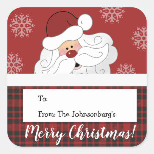 Santa Claus Red Plaid Custom Gift Tag Sticker