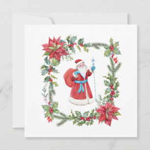 Santa Claus, Red Poinsettia and Holly Berry  Holiday Card