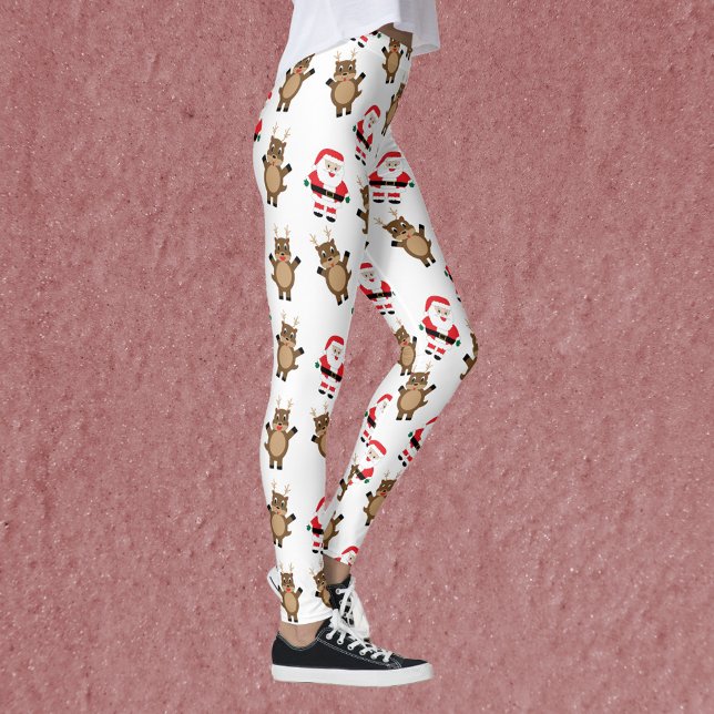 Santa Claus Red Suit Reindeer Christmas Pattern Leggings (A pair of leggings featuring a pattern of Santa in a red suit and reindeer.)