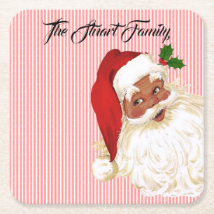 Santa Claus Red White Stripe  Square Paper Coaster