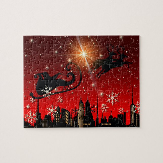 Santa Claus Reindeer and Sleigh Flying Jigsaw Puzzle (Horizontal)