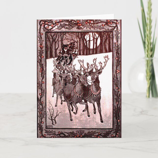 Santa Claus Reindeer And Sleigh Holiday Card (Front)