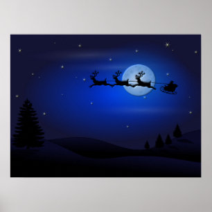Santa Claus Reindeer and Sleigh over Moon Poster