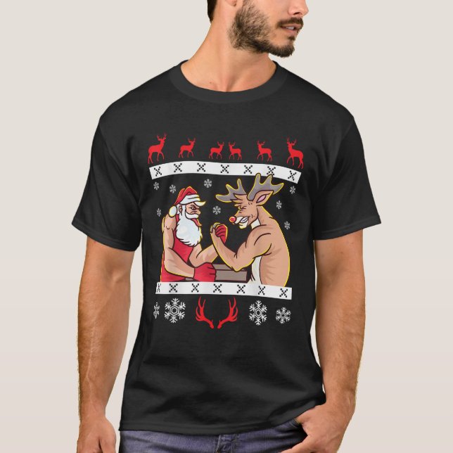 Santa Claus Reindeer Arm Wrestling Ugly Christmas  T-Shirt (Front)