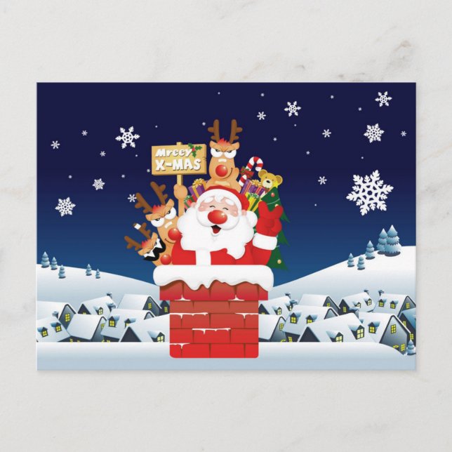 Santa Claus Reindeer Merry X-Mas Funny Postcard (Front)
