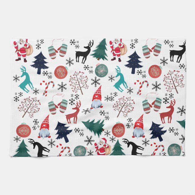 Santa Claus Reindeer Pine Trees Mittens Kitchen Towel (Horizontal)