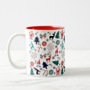 Santa Claus Reindeer Pine Trees Mittens Pattern Two-Tone Coffee Mug