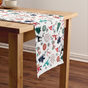 Santa Claus Reindeer Pine Trees Mittens Short Table Runner