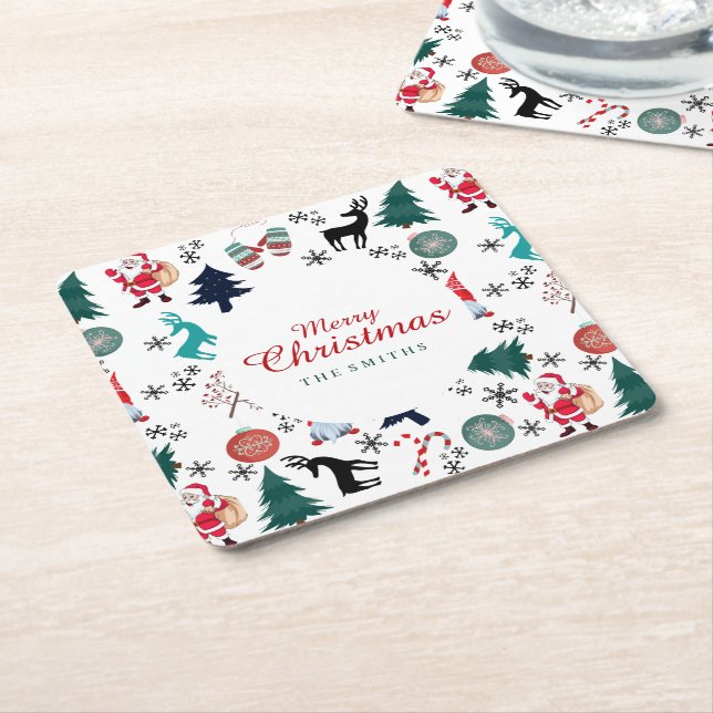 Santa Claus Reindeer Pine Trees Mittens Square Paper Coaster (Angled)
