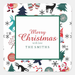 Santa Claus Reindeer Pine Trees Mittens Square Sticker